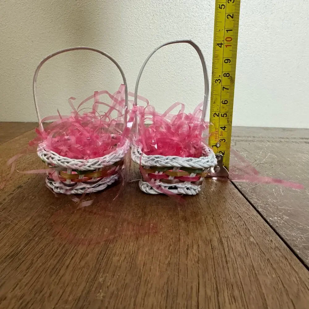 Set of two MINIATURE Woven Wicker‎ Painted Easter Baskets Pink Grass Decor